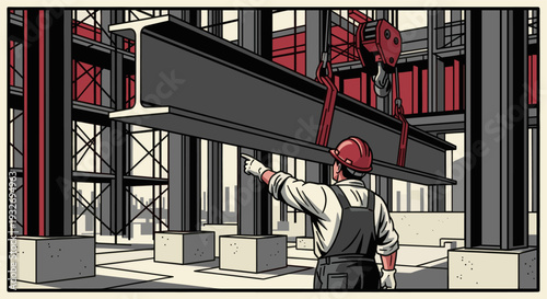 A construction worker with red helmet oversees a crane lifting a steel beam, pointing to the construction site, demonstrating expertise and safety, suitable for construction or engineering.