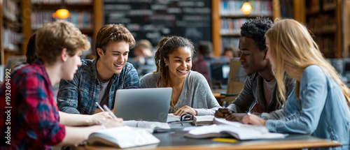 Multicultural Student Group Collaborating in Library for Academic Achievement: Diverse Teamwork and Study Session