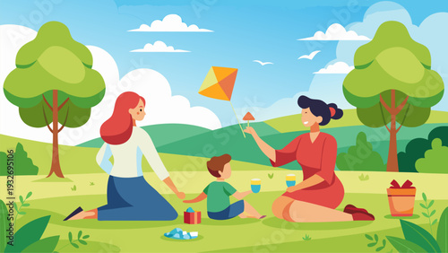 Happy family picnic in park with mother and child flying kite and enjoying summer day outdoors flat vector illustration