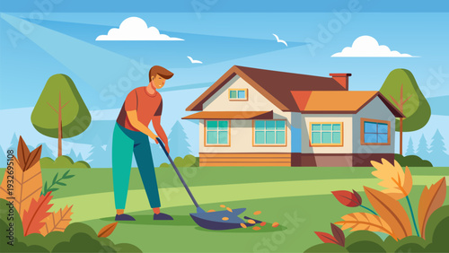 Man raking fallen autumn leaves in yard near house on sunny day flat vector illustration