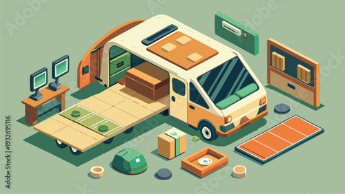 Modern camper van interior conversion with foldable bed desk and storage modules isolated flat vector illustration