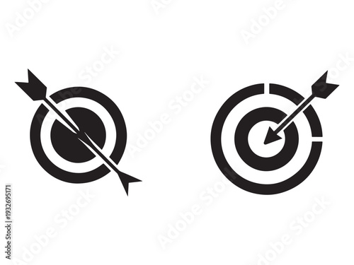 Archery target icons with arrows hitting bullseye in black and white for business and sports concepts  precise aiming and accuracy symbols