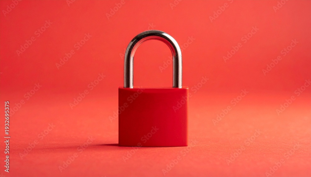 Fototapeta premium A bold red padlock stands upright against a vivid red backdrop, symbolizing privacy, protection, and minimalist security with striking contrast between body and metallic shackle.