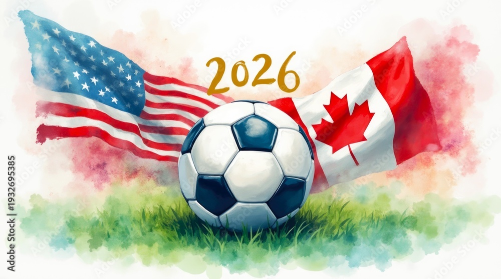 Fototapeta premium Soccer ball with flags of USA and Canada for the 2026 event