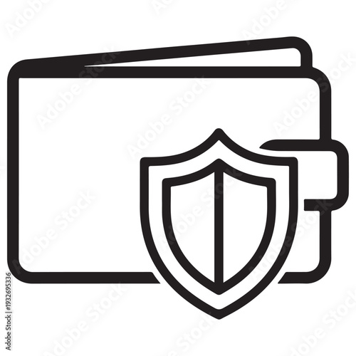 Secure Digital Wallet Icon with Protection Shield Representing Financial Safety and Data Encryption for Banking Apps and Fintech Interfaces Minimalist Black Line Art on White Background