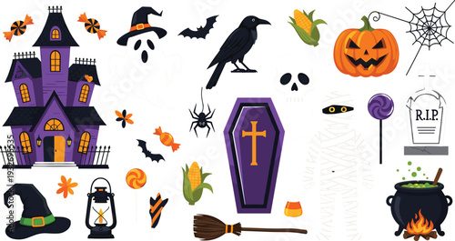 Halloween spooky elements collection with haunted house pumpkin ghost mummy coffin and witch accessories cartoon vector illustration set