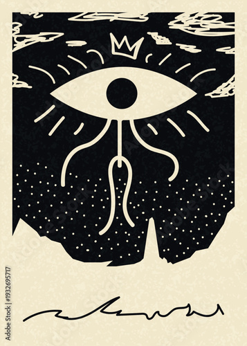 Black and White Occult Eye with Crown and Tentacles Poster. Minimalist Occult Poster - All-Seeing Eye