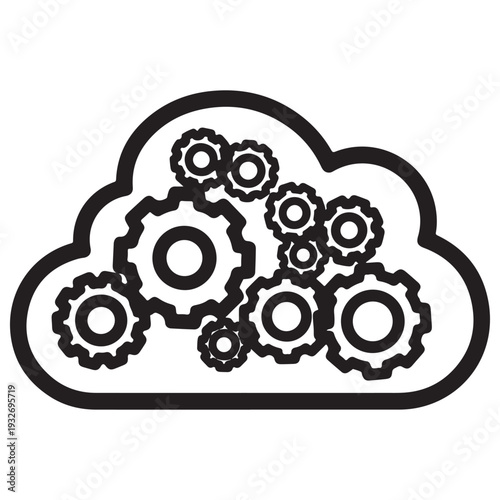 Cloud Computing Icon with Interlocking Gears Representing Data Processing and Automation in a Minimalist Black and White Line Art Style for Modern Technology and Business Infrastructure