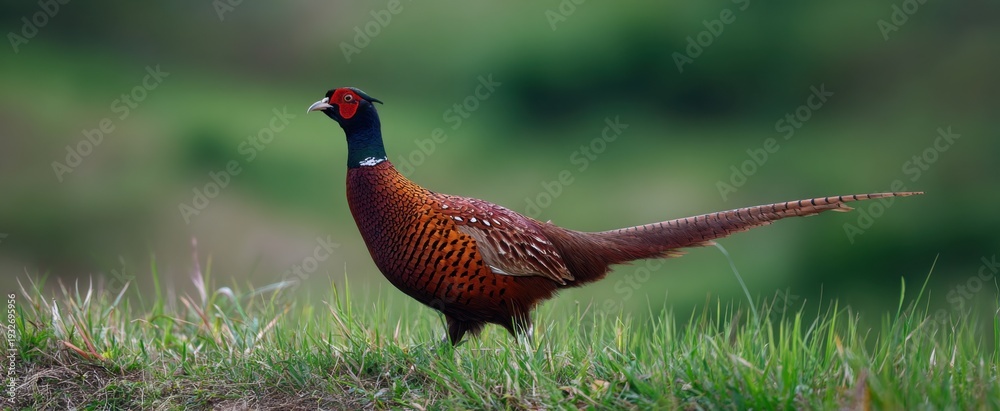 Fototapeta premium Pheasant proudly strutting across a vibrant and expansive grassy landscape