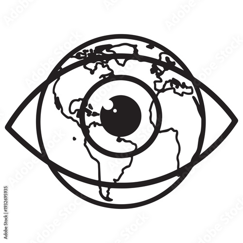 Conceptual eye globe icon representing global surveillance, environmental monitoring, and planetary awareness in a minimalist black line art style on a white background.