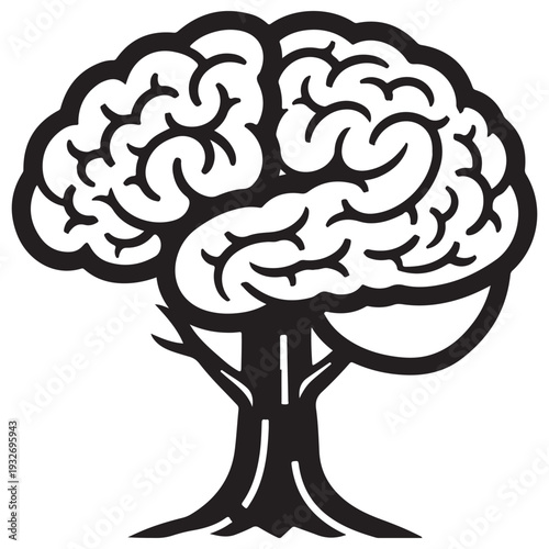 Conceptual human brain tree icon representing mental growth, psychological development, and intellectual evolution, isolated on white background in a clean black and white minimalist line art style.