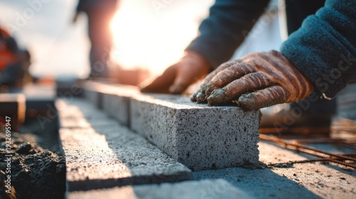 Workers lay blocks on a construction site during the day while the sun sets in the background