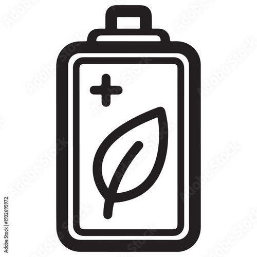 Minimalist eco-friendly battery icon with a leaf and plus symbol representing sustainable energy storage, renewable power solutions, and green technology in a clean line art style.