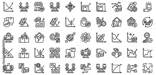 Market Equilibrium icons collection. Vector illustration. Supply and Demand Curve, Equilibrium Point, Price Balance Scale, Market Balance. Pro Vector	