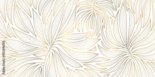 Luxury Art Deco pattern with elegant gold line leaves and floral motifs on white background. Vector design Japanese ornament, tropical palms, organic waves, wallpaper, spa branding, tea packaging.