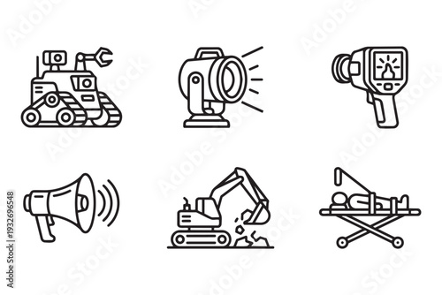Disaster Recovery Bots, Search and Rescue Robotics and Emergency Response Technology Minimalist Mono-line Icon Set Vector Illustration