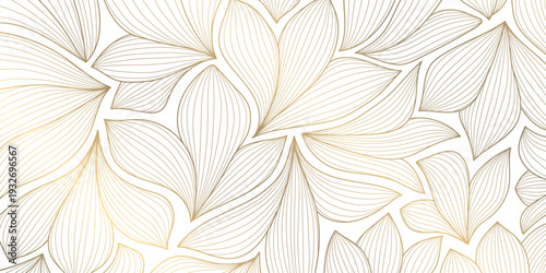 Luxury Art Deco pattern with elegant gold line leaves and floral motifs on white background. Vector design Japanese ornament, tropical palms, organic waves, wallpaper, spa branding, tea packaging.