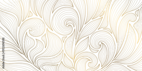 Luxury Art Deco pattern with elegant gold line leaves and floral motifs on white background. Vector design Japanese ornament, tropical palms, organic waves, wallpaper, spa branding, tea packaging.
