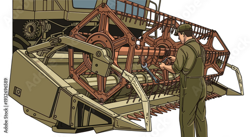 Illustration of a farmer repairing a combine harvester in the field, using a wrench to fix the agriculture equipment and machinery, symbolizing farming, hard work and repair services.
