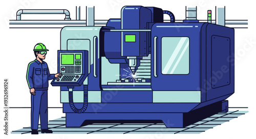Cartoon illustration of a factory worker with a hardhat operating a large, modern, blue CNC machine with visible sparks during the manufacturing process, set against a white industrial background.