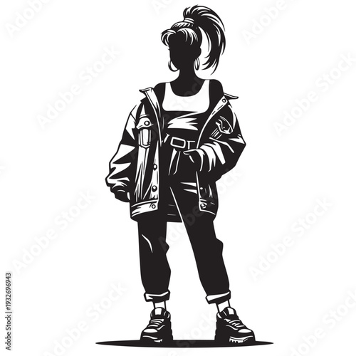 Fashionable young woman in oversized denim jacket and pants, streetwear style and modern youth culture portrait