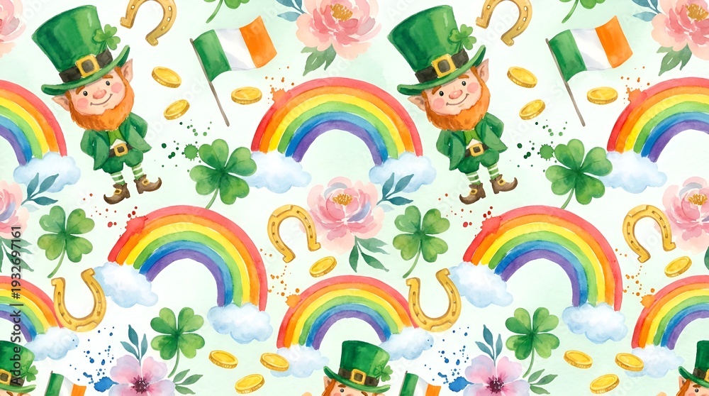 Obraz premium Lucky St. Patrick's Day watercolor pattern with cute leprechauns, rainbows and pink spring flowers.