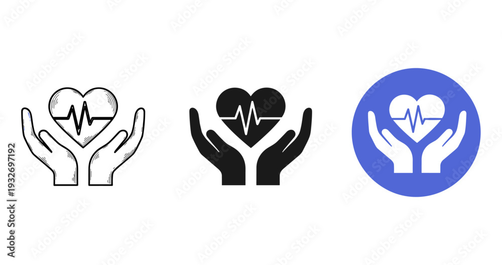 Obraz premium Heartcare icons: line art, black silhouette, blue circle variations with hands and heartbeat