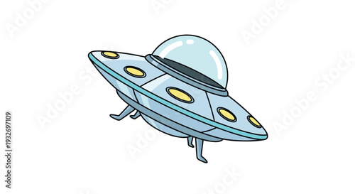 Cartoon illustration of a classic silver flying saucer UFO with yellow lights and a glass dome on white background.