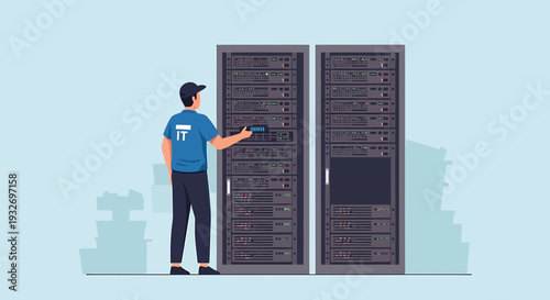 IT technician working on servers in data center, technology concept