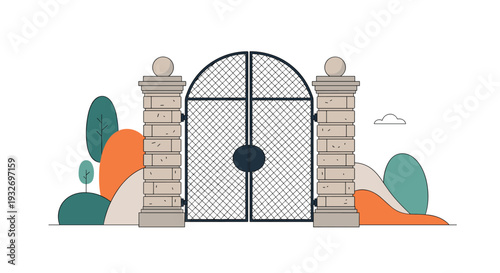 Illustration of a pair of decorative metal gates between two stone columns surrounded by stylized trees and shrubs.