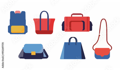 Modern Flat Bag Collection Vector Set with Backpack Tote and Travel Bags Isolated on White Background