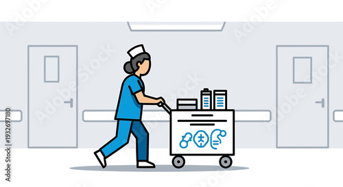 Nurse pushing medical cart in hospital corridor, healthcare illustration