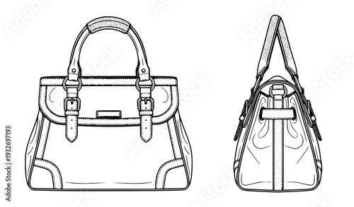 Black and White Handbag Outline Vector Illustration Isolated on White Background
