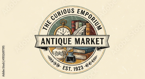Vintage Antique Market Emporium Logo with Classic Design and Historical Elements.