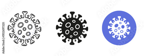 Three artistic variations of a virus icon: sketch, solid, and blue circle designs