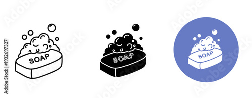 Soap illustration set: bubbles and suds in black and white with blue icon