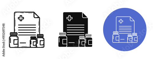 Medical prescription icons with medicine bottles on white and blue backgrounds