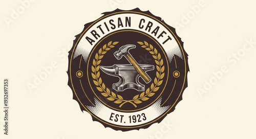 Artisan Craft Logo - Vintage Design Featuring Hammer, Anvil, and Laurel Wreath.