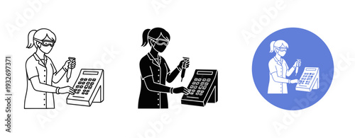 Female cashier using cash register icon set in monochrome and blue variations