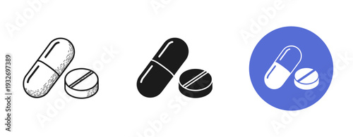 Pill capsule icons: sketch, black and white, blue background styles