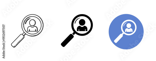 Magnifying glass icons with person silhouette in different styles