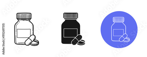 Set of medicine bottles with capsules in different styles and colors