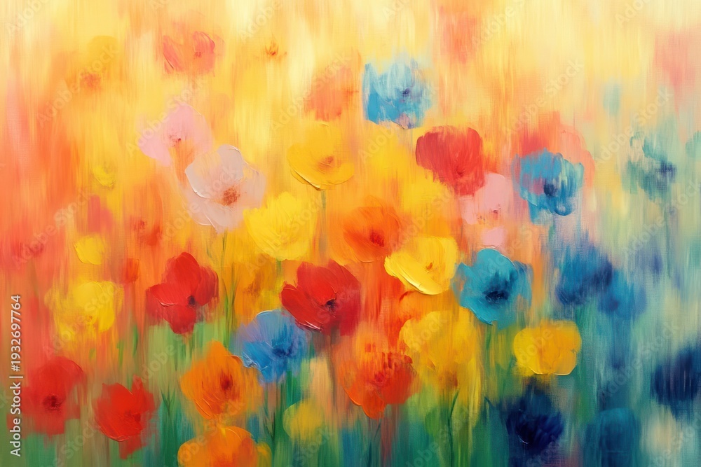 Obraz premium vibrant abstract painting of colorful blooming flowers with blurred vertical brushstrokes and a warm joyful atmosphere