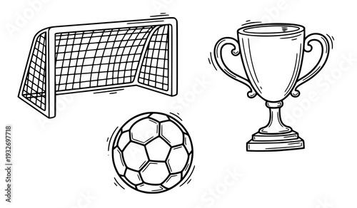 A black and white vector illustration of soccer icons including a goal, ball, and trophy