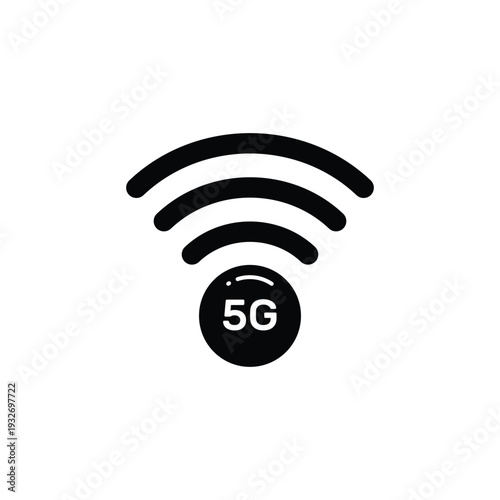 Black and white icon showing 5G signal waves emanating from a circle labeled '5G', representing mobile connectivity and fast internet.