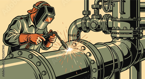 Illustration of a welder wearing protective gear and repairing large metal pipelines, creating bright sparks with a welding torch, suitable for industrial or safety related concepts.