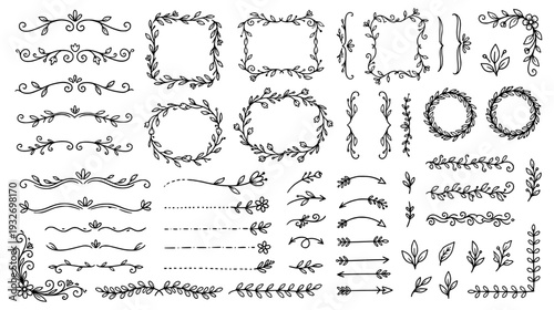 Hand drawn botanical dividers frames and decorative floral connectors for wedding invitation design