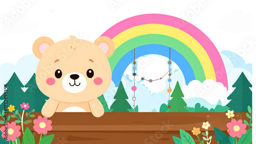 Rainbow teddy bear illustration, pastel cartoon bear mascot, colorful patchwork teddy, whimsical animal artwork, vector cartoon, playful fantasy design