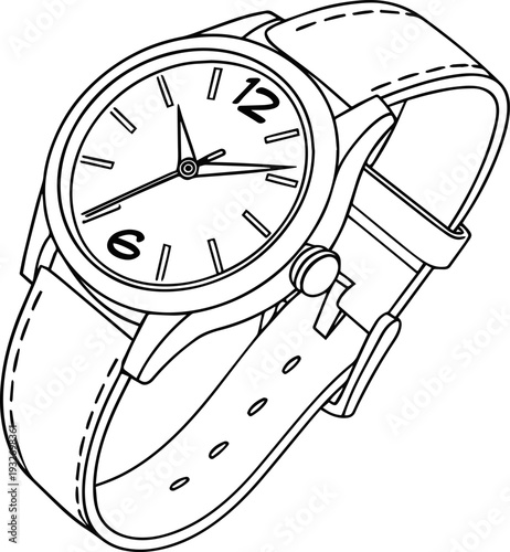 Create a realistic line art watch vector art with white background.