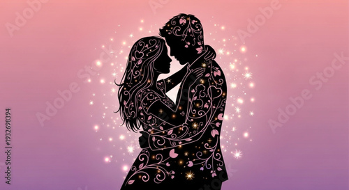 Romantic couple embracing with floral patterns and sparkles